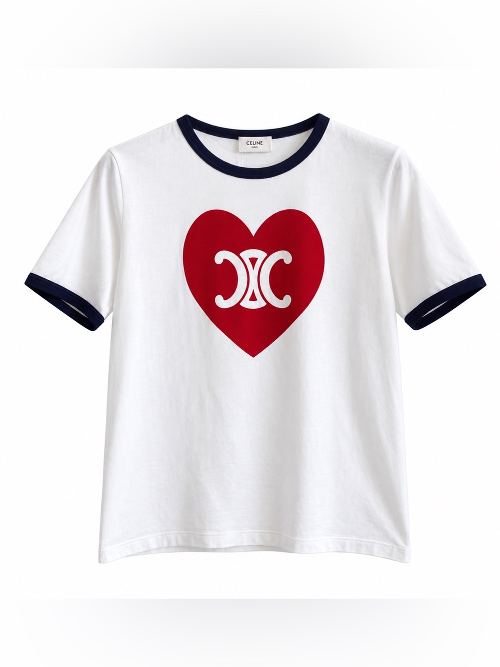 🚩steal Celine White Tee with Red Heart Logo and Navy Trim